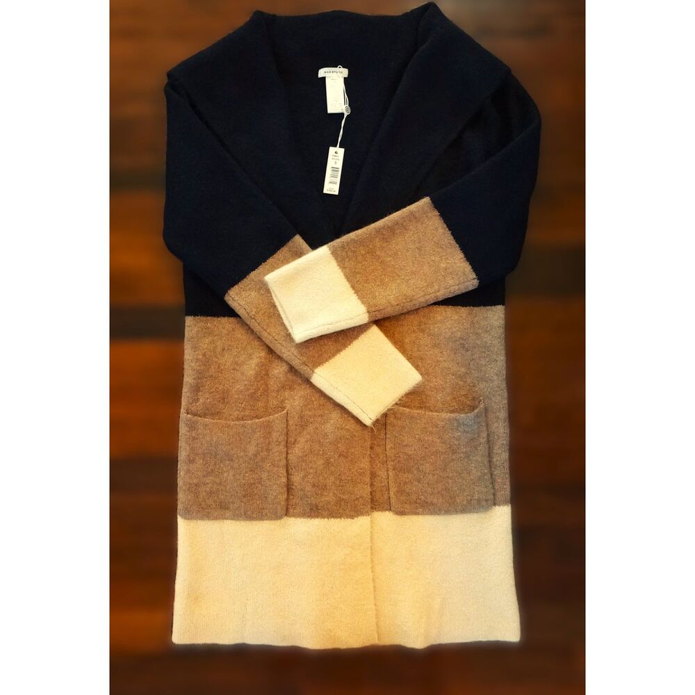 Max Studio Color block Cardigan sweater open front Small NWT black brown tan